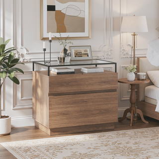 Sunvega LED Nightstand with Drawers, Glass Top and Wooden Surface for Bedroom
