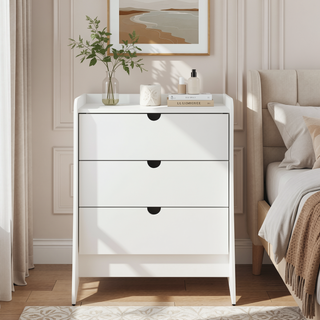 Sunvega Mid-Century Modern White Nightstand with 3 Spacious Drawers for Bedroom