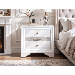Sunvega White Laminate Wood Grain Nightstand with Silver Trim and Drawer