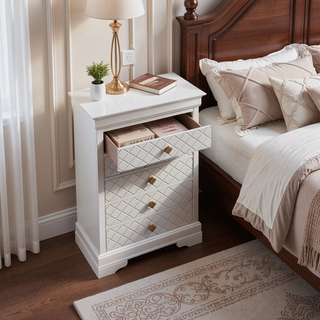 Sunvega Fully Assembled Pearl White Nightstand with Gold Handles and Faux Crystal