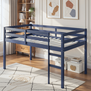Sunvega Espresso Rubber Wood Low Height Loft Bed with Ladder for Bedroom