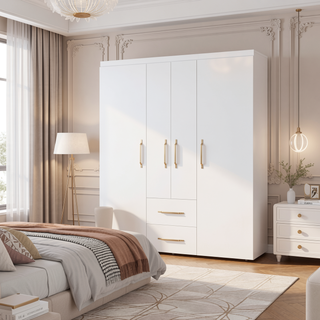 Sunvega White 2-Door Armoire with Hanging Rods Shelves and Drawers for Bedroom