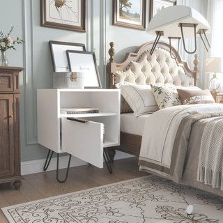 Sunvega White Nightstand with Hairpin Legs and Drawer for Bedroom or Living Room
