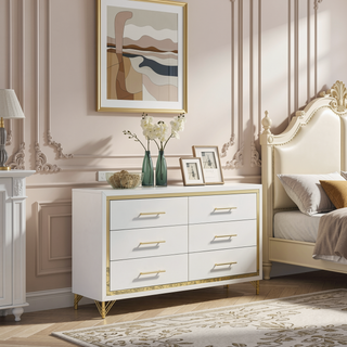 Sunvega Bright White Six-Drawer Dresser with Gold Trim for Bedroom Storage