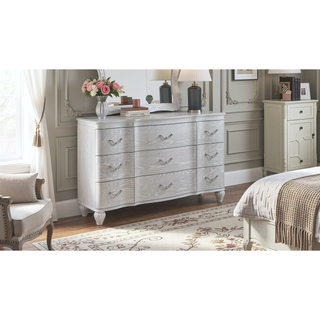 Sunvega Silver Wood 9-Drawer Dresser With Metal Pulls And Curved Front Design