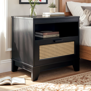 Sunvega Modern Cane Nightstand with Drawer and Open Cubby for Bedroom