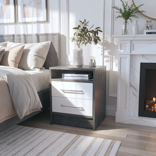Sunvega Smokey Oak and White Finish Nightstand with Two Drawers and Open Shelf