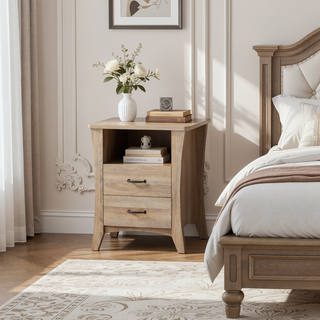 Sunvega Rustic Natural Nightstand with Two Drawers and One Open Storage Shelf