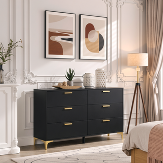 Sunvega Black and Gold 6-Drawer Dresser with Durable Metal Handle and Base
