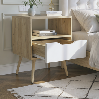 Sunvega White and Macadamia Modern Nightstand with Drawer and Open Shelf