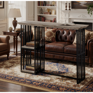 Sunvega Oak and Sandy Black 2-Shelf Counter Height Table with Slatted Metal Base