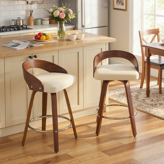 Sunvega Mid-Century Modern Swivel Bar Stools with Soft Cushion Seat and Walnut Finish