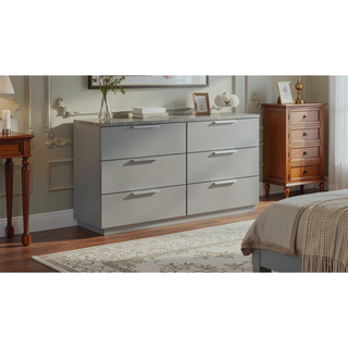 Sunvega White Lacquer Dresser with Six Smooth-Glide Drawers and Marble Accents