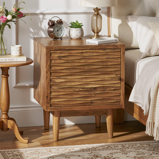 Sunvega Handcrafted Acacia Wood Boho Nightstand with One-Door Cabinet Storage