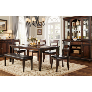 Sunvega Cherry Finish Wood Frame Bench with Dark Brown Faux Leather Upholstered Seat