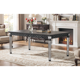 Sunvega Mirrored Black Finish Dining Table with Geometric Trim and Extension Leaf
