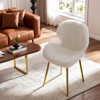 Sunvega Modern Minimalist White Teddy Velvet Dining Chairs Set of 2 with Gold Metal Legs