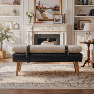 Sunvega Bouclé Upholstered Bench with Buffalo Hide Leather and Nordic Legs