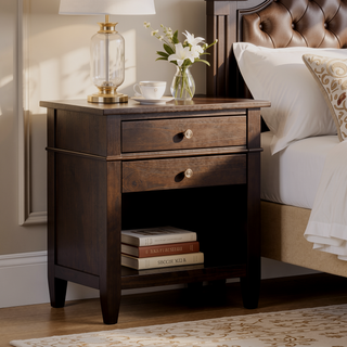 Sunvega Dark Tobacco Brown Solid Wood Bedside Table with Two Spacious Drawers