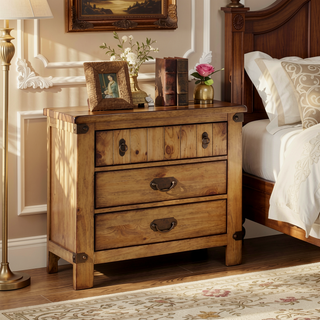 Sunvega Cottage Style Weathered Elm Nightstand with USB Charger and Felt Drawers