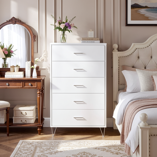 Sunvega Modern White Finish Chest with Five Spacious Drawers for Bedroom