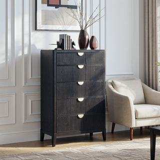 Sunvega Contemporary Black Wood Chest with Five Fluted Drawers and Golden Handles
