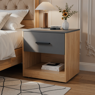 Sunvega Natural Oak and Matt Grey Nightstand with Drawer and Open Storage Shelf