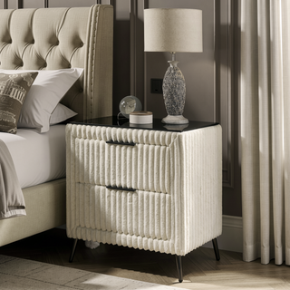 Sunvega Cream Wide Wale Corduroy Upholstery Nightstand with Two Spacious Drawers