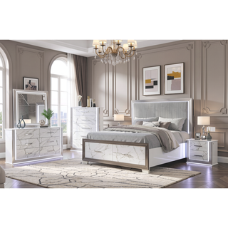 Sunvega Modern White and Gold Finish Five-Drawer Chest with LED Lights