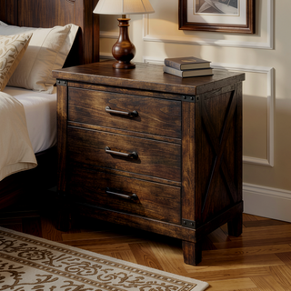 Sunvega Rustic Style Dark Walnut Finish Solid Wood Nightstand with 3 Drawers