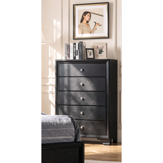 Sunvega Modern Glam Style Black Finish Five Drawer Chest Nightstand with Faux Crystal Pulls