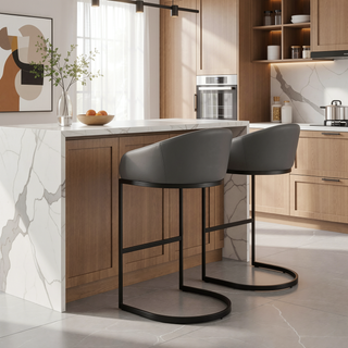 Sunvega Black Metal Bar Stool with Gray Faux Leather Upholstery and Cantilever Base