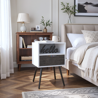 Sunvega Smokey Oak and White Finish Nightstand with Open Shelf and Drawer