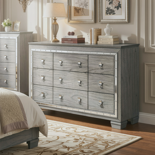 Sunvega Light Gray Oak Dresser with Nine Spacious Drawers and Mirrored Trim