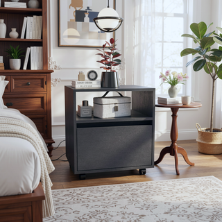 Sunvega Modern White Nightstand with Drawer and Casters for Bedroom Living Room