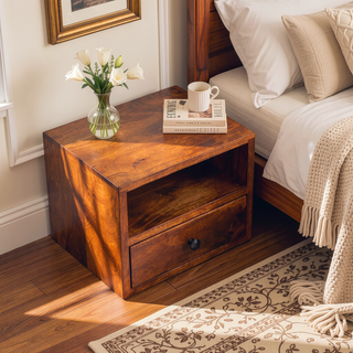 Sunvega Wall Mounted Nightstand with Drawer and Open Slot in Chestnut Brown