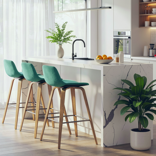 Sunvega Mid-Century Modern Bentwood Bar Stools with Aqua Blue Fabric and Chrome Footrest