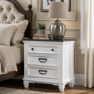 Sunvega Weathered White and Gray Modern Farmhouse Nightstand with 3 Spacious Drawers