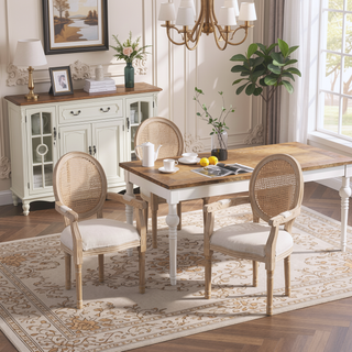 Sunvega French Style Solid Wood Frame Linen Fabric Oval Back Dining Chairs Set of 2
