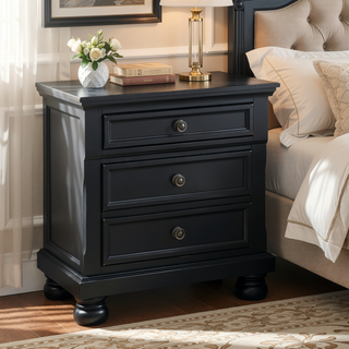 Sunvega Black Finish Wood Nightstand with 2 Dovetail Drawers and Jewelry Tray