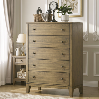 Sunvega Natural Pine Chest of Drawers with Five Large Felt-Lined Drawers for Bedroom