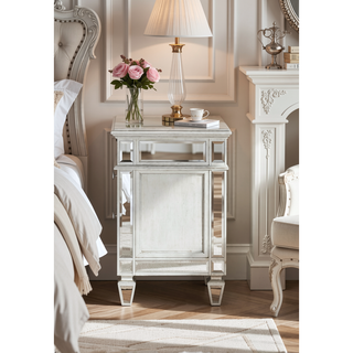 Sunvega Mirrored Nightstand with Geometric Trim and Crystal Knobs for Bedroom
