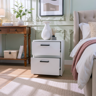 Sunvega Modern White 2-Drawer Nightstand with Metal Handles for Bedroom Storage