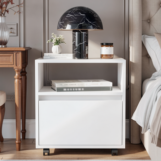 Sunvega White Nightstand with One Open Shelf and Spacious Drawer on Casters