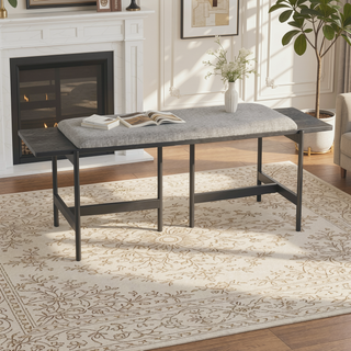 Sunvega Contemporary Black Metal and Grey Fabric Bench with Distressed Wood Accent