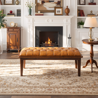 Sunvega Mid-Century Modern Tan Leather Upholstered Bench With Buttons