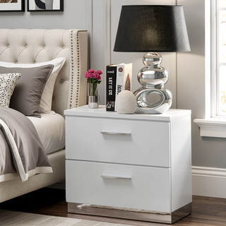 Sunvega Modern White High Gloss Nightstand with 2 Drawers and Chrome Handles