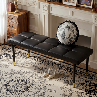 Sunvega 47 Inch Multifunctional Black Shoe Bench with Faux PU Cushion and Gold Accents
