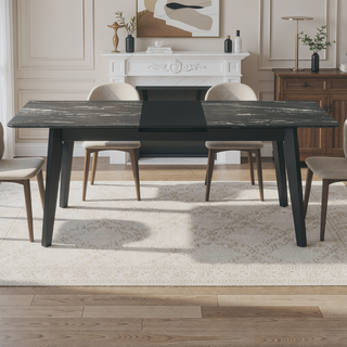 Sunvega Modern Black Dining Table with Self-Storing Leaf and Faux Marble Top