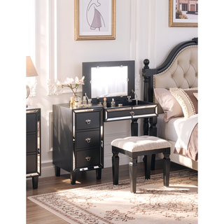 Sunvega Traditional Cherry Wood Vanity Set with Tufted Stool and Storage Drawers